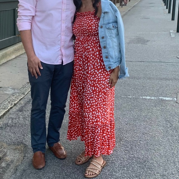 Flowy Midi Dress in orange-red with polka dots - Picture 4 of 5